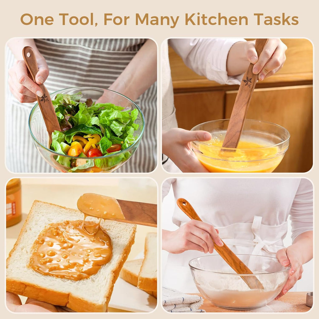 Skiennix 2 Pack Spurtle Set - Danish Dough Whisk & Jar Spatula in Solid Teak Wood for Bread Making