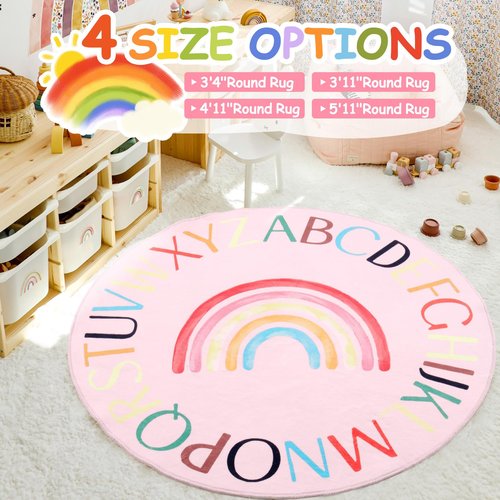Truqual Nursery Rug Round Rainbow Classroom Rug Elementary, Non-Slip Rainbow Rug for Girls Room, Extra Large Learning Carpet for Kids Playroom, Circle Play Mat for Toddlers