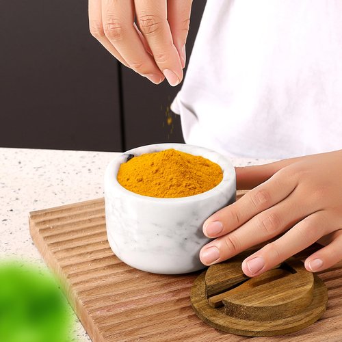 RAETTER.LY Salt and Pepper Bowl, Marble Salt Cellar and Spices Storage Container With Built-in Spoon and Acacia Wood Lid - 6.5oz Capacity (White)