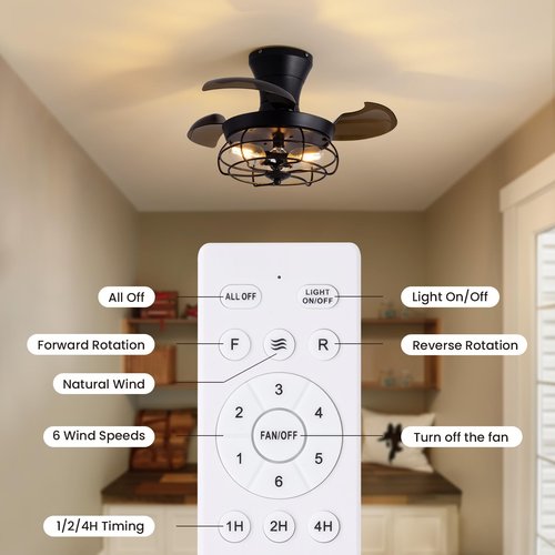 CROSSIO 22" Retractable Ceiling Fans with Lights, Black Caged Fandelier Ceiling Fans with Remote, 6 Wind Speeds,Invisible Blades, Industrial Flush Mount Small Ceiling Fan for Bedroom Living Room
