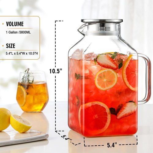 2 Pack 1 Gallon Square Glass Pitcher with Lid and Spout, Borosilicate Glass Carafe for Hot/Cold Drink, Water Pitchers with Handle for Fridge, Extra Large Jug for Iced Tea, Coffee, Juice, Beverage