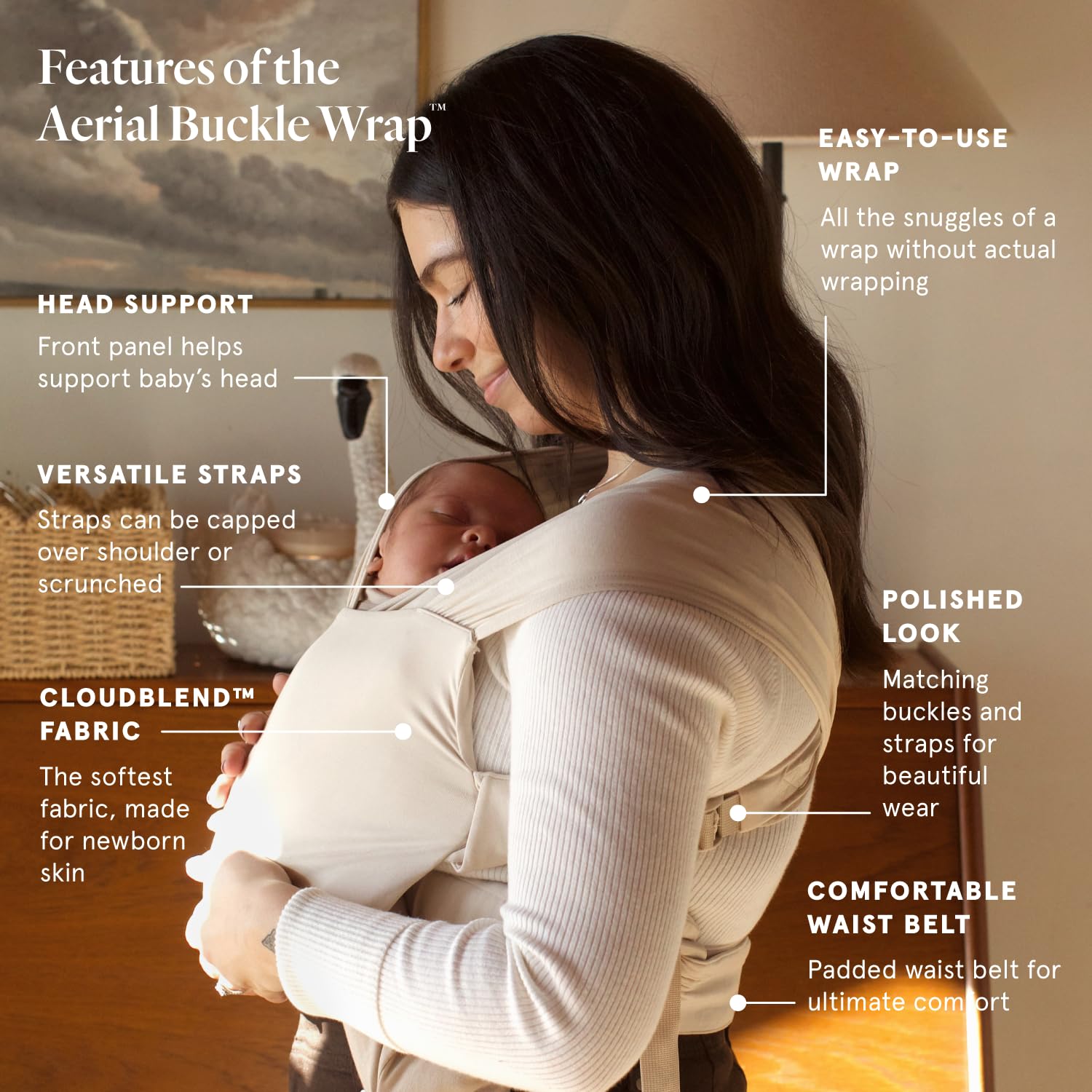 WildBird Newborn Baby Carrier - Aerial Buckle Wrap with Head Support & Padded Waist Belt | Soft Fabric, 0-6 Months