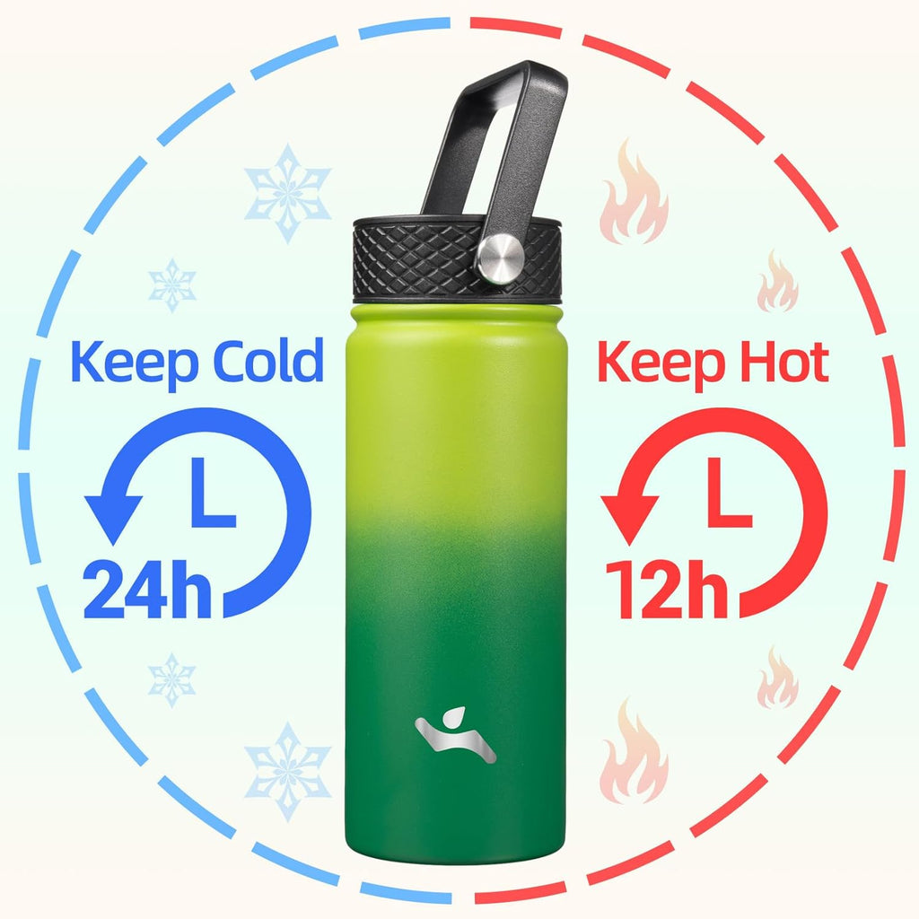 Skiennix 18 oz Insulated Stainless Steel Water Bottle - Durable Sport Bottle with 3 Lids | Bamboo Grove