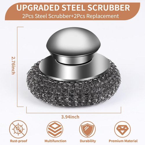 4pcs Steel Wool Scrubber with Replacement Wire Sponge Pads Set, Stainless Steel Scrubber with Handle for Scouring Stubborn Messes from Cast Iron, Pots, Pans, Grill, Stoves, Sink(2 Scrubber+2 Pads)
