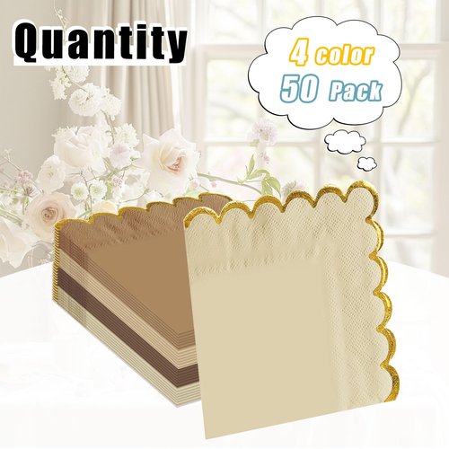 FALIZIFU 50 Pieces 2-Ply Brown Scalloped Napkins with Gold Foil Cocktail Napkins Disposable Paper Napkins for Dinner Wedding Baby Shower Birthday Party Beverage Napkins