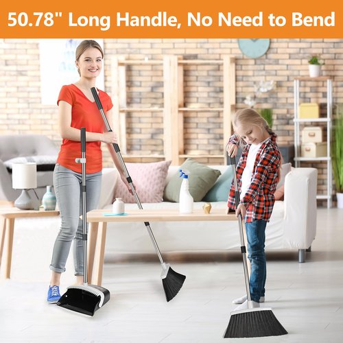 Folews Broom and Dustpan Set, Heavy Duty Dust Pan with Long Handle 51 Inch Broom with Dustpan Combo Set Upright Self-Cleaning Dust Pan Home Kitchen Lobby Indoor Outdoor Sweeping Cleaning Tool - Gray