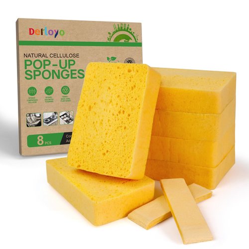 8-Count Pop Up Cellulose Sponges | Non-Scratch Eco-Friendly Kitchen Sponges for Dishes, Bathroom, Cars | Tear-Resistant Natural Scrub Sponges | Biodegradable Compostable Cellulose
