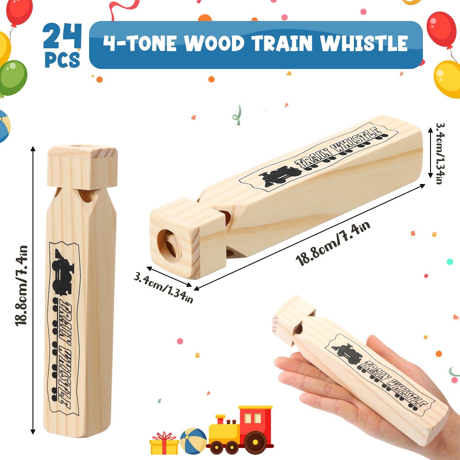 Lenwen 24 Pcs 7.4" Wooden Train Whistles for Kids 4 Tones Train Themed Party Favors Noisemaker Toys for Birthday Party Carnival Prize Educational Game