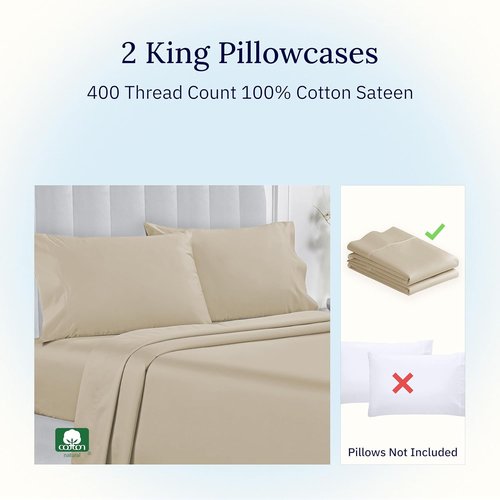 California Design Den King Pillowcase Set - 400 Thread Count, 100% Cotton, Soft & Breathable - Beige