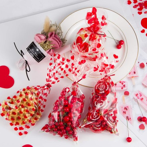 Biubee Valentine Cellophane Bags - 160 Pcs Clear Treat Bags with 4 Assorted Styles & Twist Ties