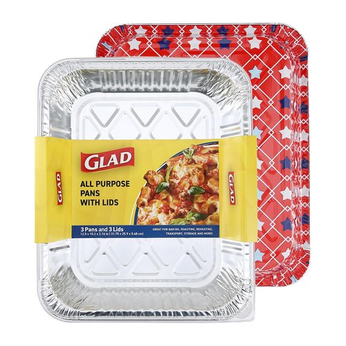 Glad Disposable Aluminum All Purpose Pans in Red, White & Blue Stars, 3ct with Lids - Printed Colorful Foil Steam Pans - 12.5” x 10.2” x 2.16” Aluminum Pan - Disposable Steamware