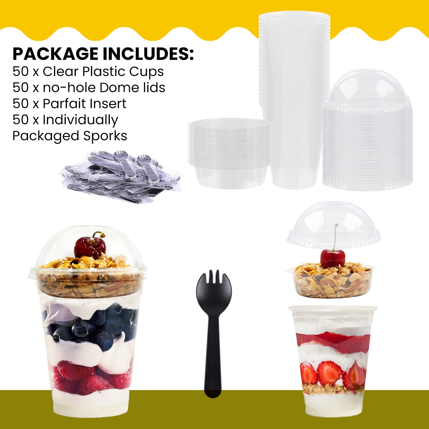 Parfait Cups - 9 Oz - 50 Set - Reusable Dessert Cups With Flat Lids & Inserts - Crystal Clear Plastic - Spill and Leak Proof