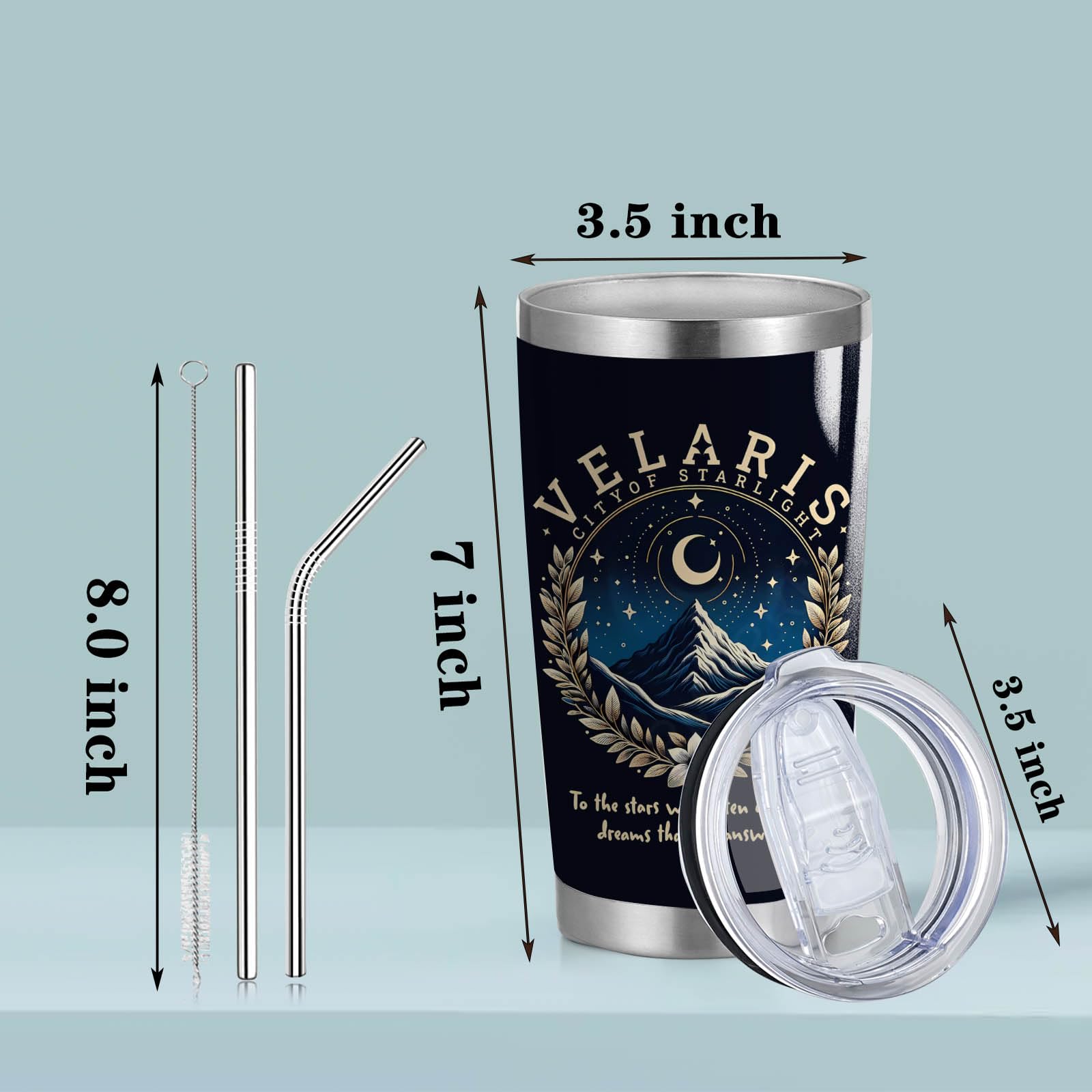 CWEGSJ Velaris City of Starlight 20oz Stainless Steel Tumbler with Lid and Straw Acotar Gift Bookish Tumbler Acotar Coffee Mug (Black-VELARIS City)