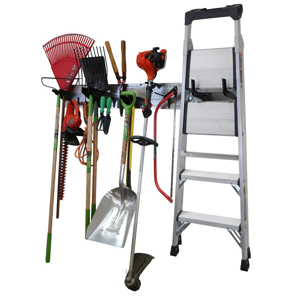 Wall Control Garage Storage Rack Lawn & Garden Tool Organization Wall Mount Organizer - Easy to Install 64" Wide Strong Galvanized Steel Pegboard Set (Shiny Metallic Pegboard)