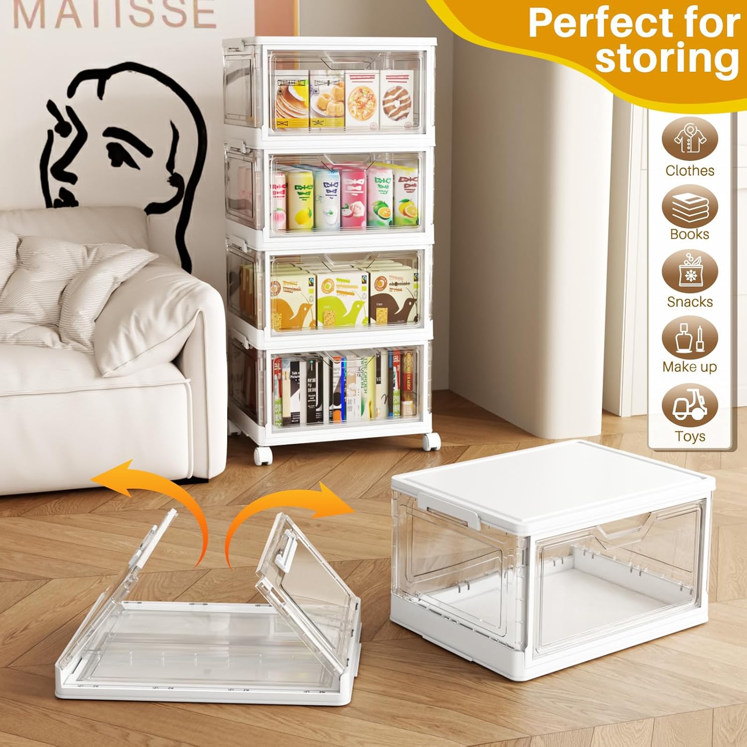 SNSLXH Portable Clear Storage Bins - Stackable 24QT Bins with Lid & Wheels for Bedroom, Office, Living Room