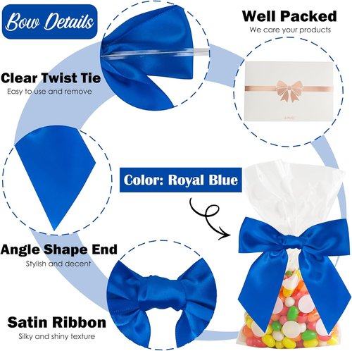 AIMUDI Royal Blue Satin Twist Tie Bows - Pre-Tied Gift Wrapping & Craft Bows | 36 Pcs for Baby Showers & Weddings