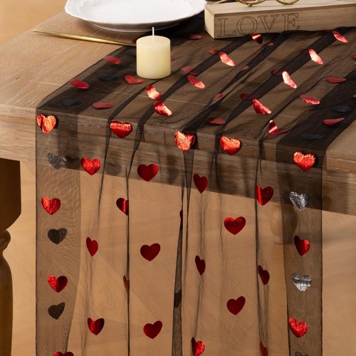 DeZerlor Black Table Runner Heart Sequin Cheesecloth Gauze Sheer Table Runner Glitter Metallic Foil for Wedding Bridal Shower Party Decorations