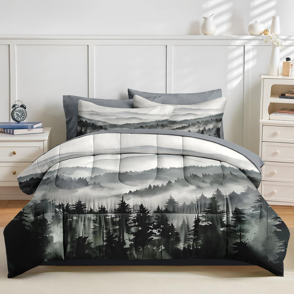 Nesker Comforter Set Queen Size, Ink Forest 7 Pcs Bedding for Kids and Adults, Misty Mountains Bed Sheet Sets with Fitted Sheet 2 Pillowcases & 2 Shams