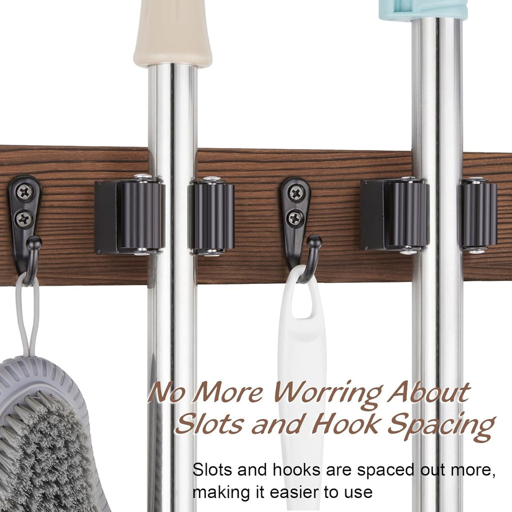 OUTNILI Mop Broom Holder Wall Mount - 2 Pack Rustic Wood Organizer with 3 Slots & 4 Hooks for Kitchen & Garden
