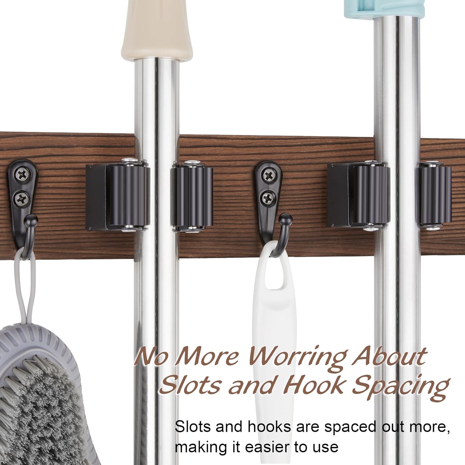 OUTNILI Mop Broom Holder Wall Mount - 2 Pack Rustic Wood Organizer with 3 Slots & 4 Hooks for Kitchen & Garden