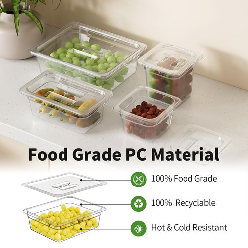 FORITRUE 1/2 4'' 6 Pack Plastic Food Pans With Lids, Clear Food Pan, Commercial Stackable Polycarbonate Freezer-Safe for Fruits Vegetables Restaurant Kitchen