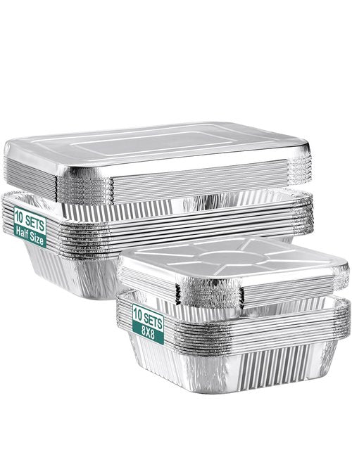 NEEBAKE 20 Set Disposable Aluminum Pans with Lids Assorted Sizes - 10 Large 10.25x12 Foil Pans Half Size & 10 Small 8x8 Tin Foil Baking Pans, Tin Trays Containers for Meal Prep, Food Cooking, Roasting