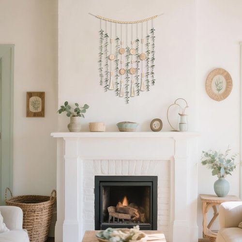 Dahey Hanging Artificial Plant Eucalyptus Wall Decor 31'' Wooden Bead Garland with Fake Greenery Leaves Boho Rustic Farmhouse Wall Art for Living Dining Room Bathroom Bedroom Kitchen Decoration