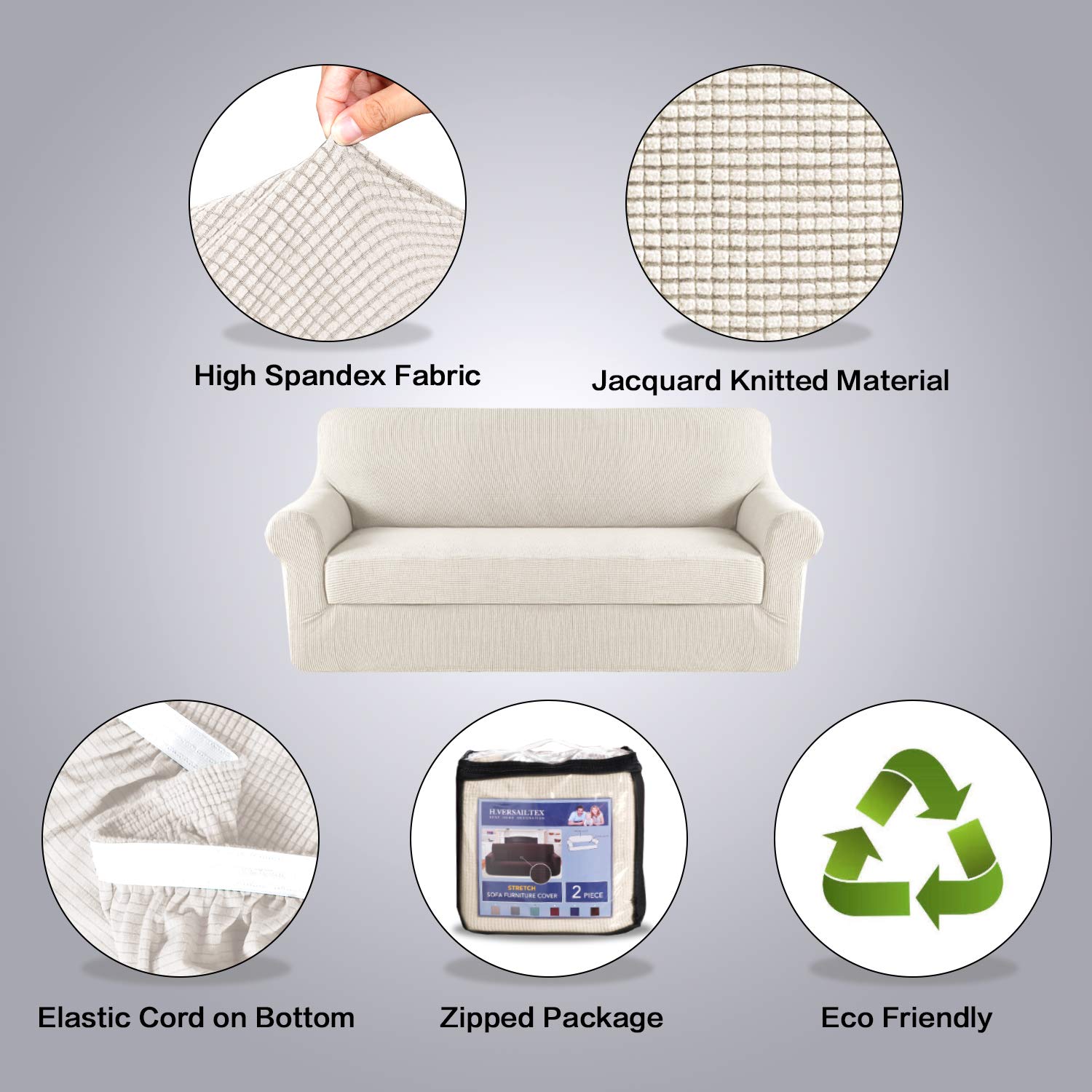 H.VERSAILTEX 2 Separate Pieces Stretch Couch Covers Sofa Cover Suit for T Cushion/Box Cushion High Spandex Jacquard Soft Couch Covers for 3 Cushion Couch, Sofa 72"-88" (Sofa, Ivory)