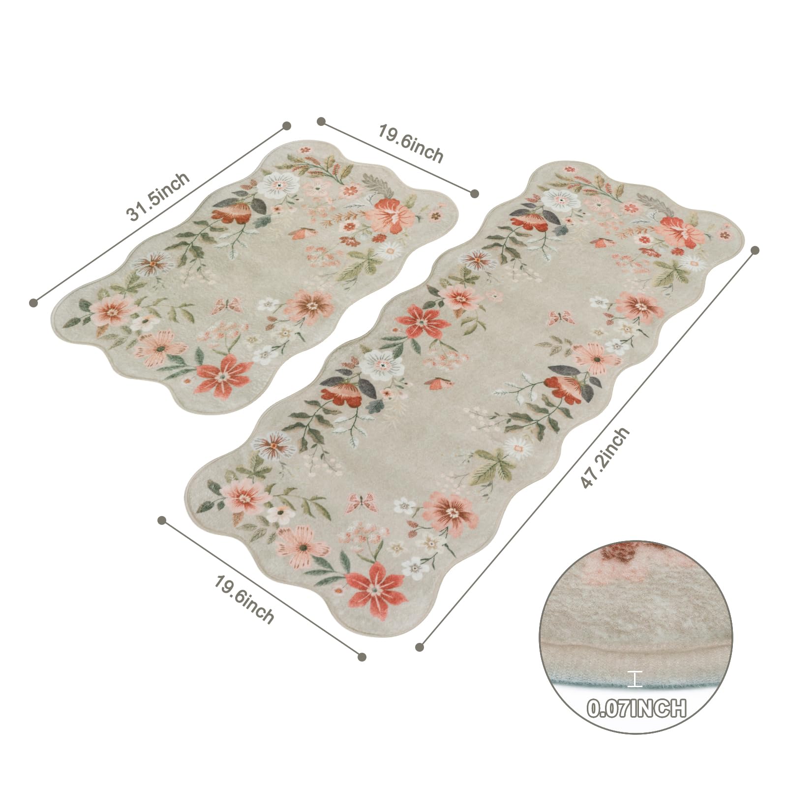 LEEVAN Washable Kitchen Rugs Sets of 2,Non Slip Soft Modern Floral Rugs for Kitchen Floor, Boho Tan Indoor Kitchen Rug for Laundry,Bathroom,Office(20''x31''+20''x47'')