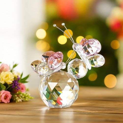 H&D Hyaline & Dora Pink Crystal Cut Double Butterfly Figurine - Handmade Art Glass Collectible Gift