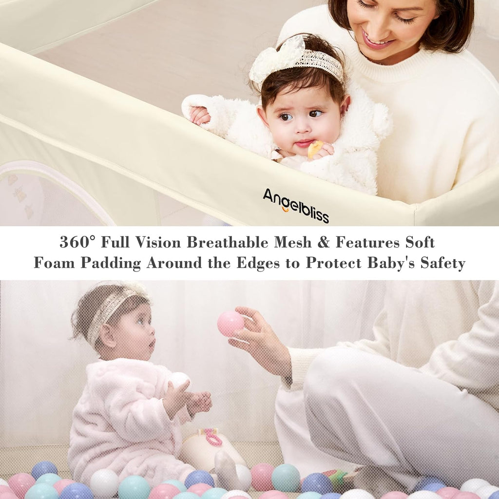Skiennix Foldable Baby Playpen - Portable 50" x 50" Play Yard with Breathable Mesh & ASTM F406 Certified (Beige)