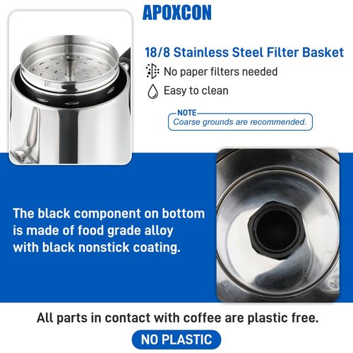 APOXCON Electric Coffee Percolator Stainless Steel Coffee Maker with Heat Resistant Tough Glass Clear Brew Progress Knob, Classic Coffee Pot with Keep Warm Cordless Serve Cool Touch Handle 12 Cup