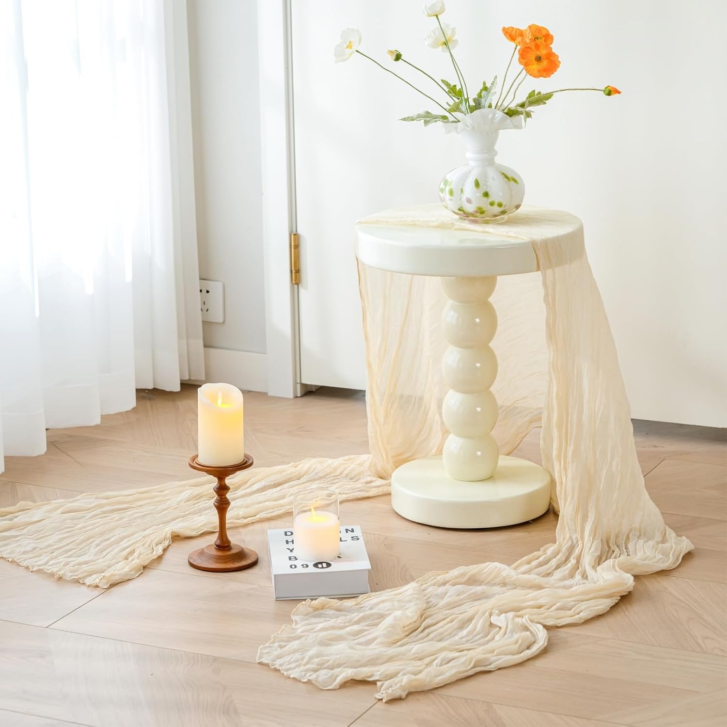 Sioloc Beige Cheesecloth Table Runner - Soft Gauze Boho Decor for Spring Events | 120'' x 35''