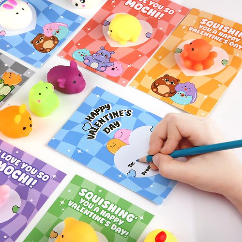 SURCVIO 28 Pack Valentines Day Gifts for Kids School, Animal Mochi Squishies with Greeting Cards, Classroom Exchange Party Favors, Stress Relief Fidget Toys, School Prize Supplies