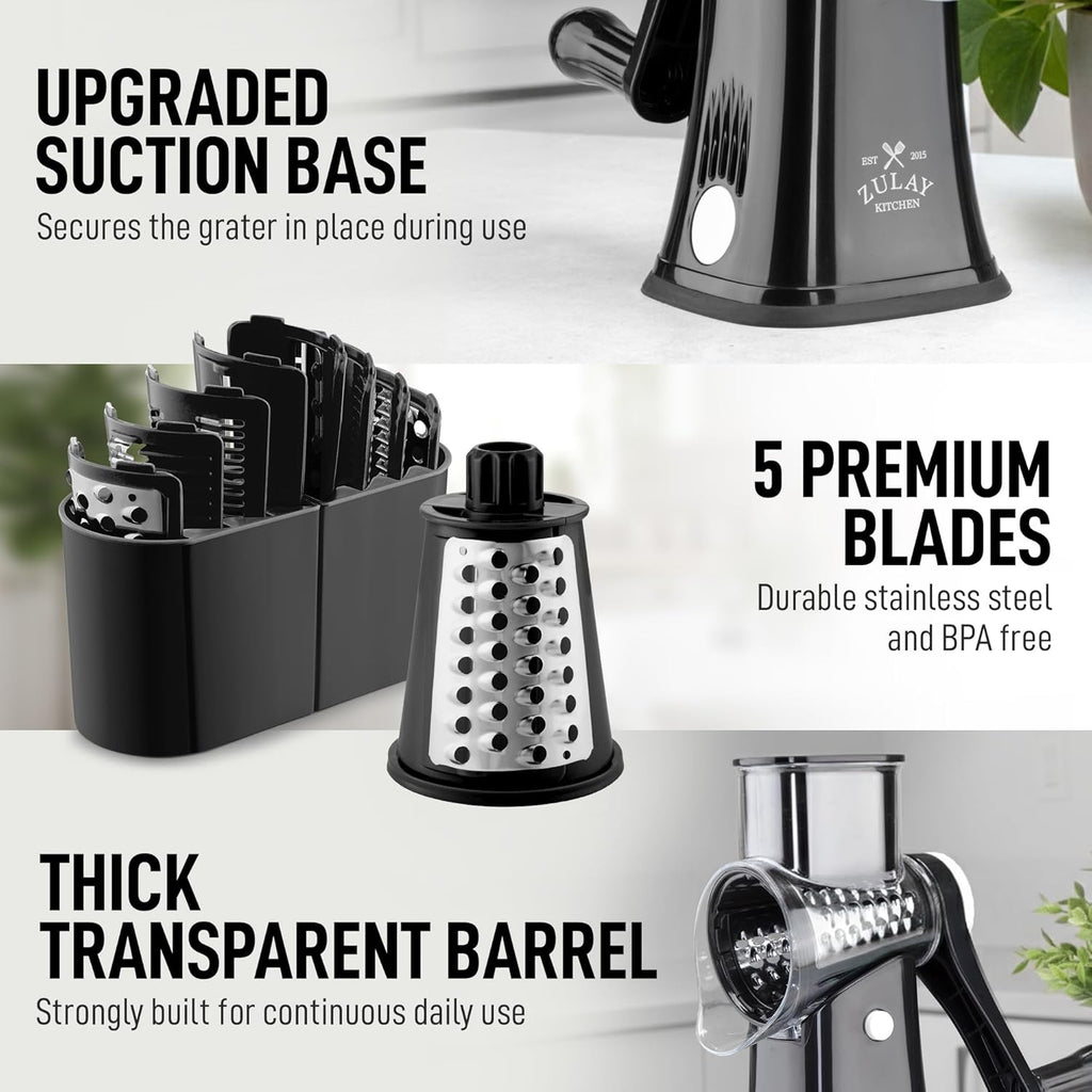 Zulay Kitchen Rotary Cheese Grater - 5 Blade Manual Cheese Shredder with Suction Base & Interchangeable Drums