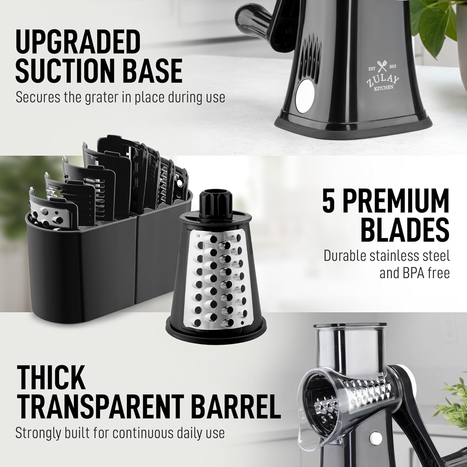 Zulay Kitchen Rotary Cheese Grater - 5 Blade Manual Cheese Shredder with Suction Base & Interchangeable Drums