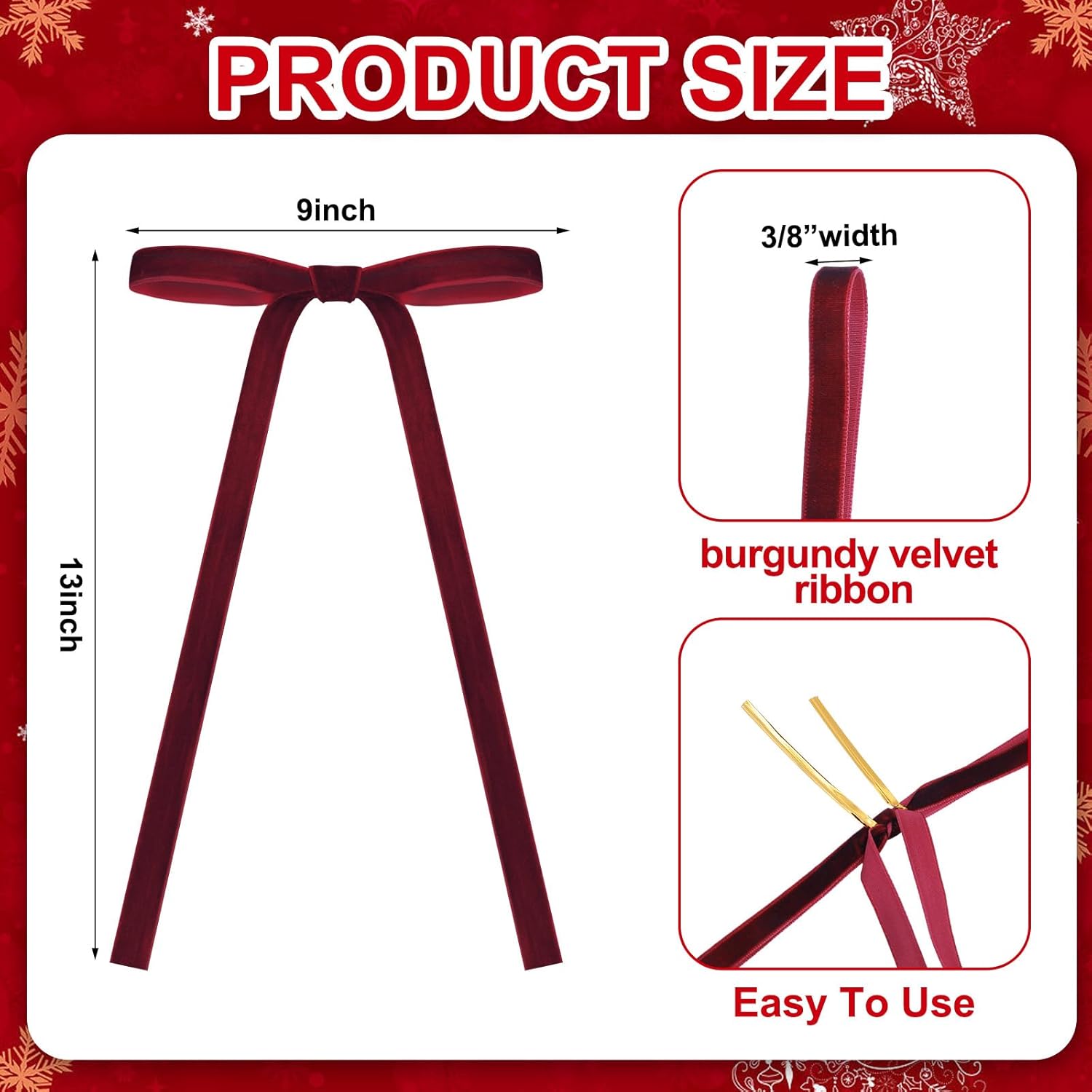 Skiennix 24 Pcs Velvet Bows - Vintage Ribbon Bows for Christmas Tree & Crafts | Burgundy, 9 x 13 Inch