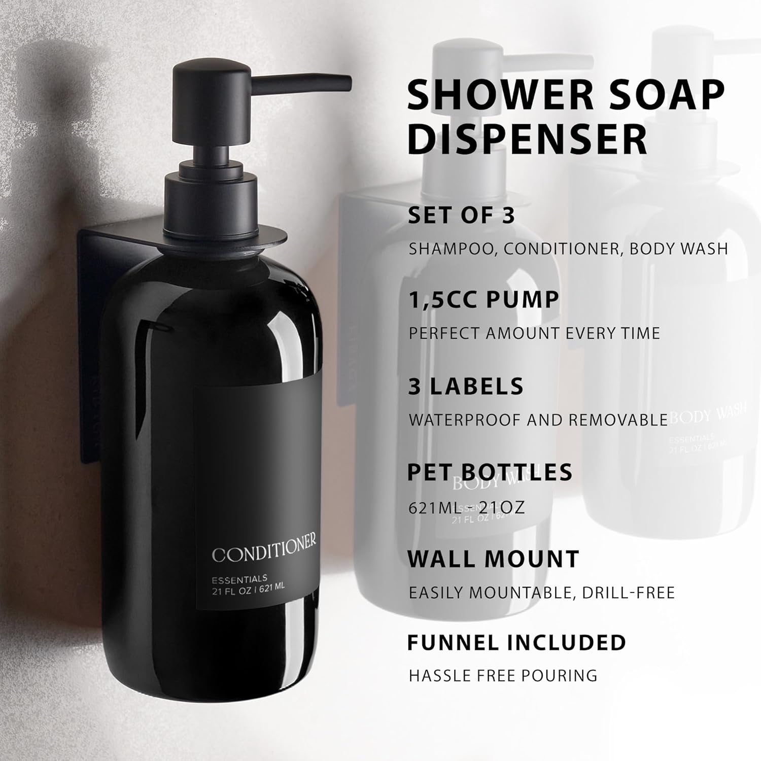 Stylish Shampoo & Conditioner Dispenser Set - Modern 21oz Wall-Mount Soap Bottles with Labels