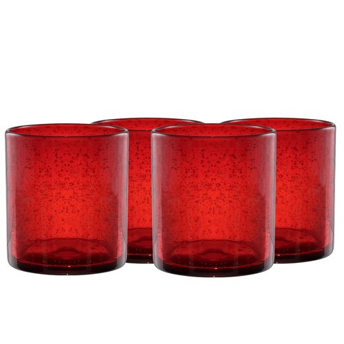 Artland 14oz Double Old Fashion Glass, Set of 4 | Iris Seeded Design, Ruby Red | Drinking Glass for Parties and Everyday Use - Mojito, Whiskey, Cocktail | Glassware & Barware Essentials
