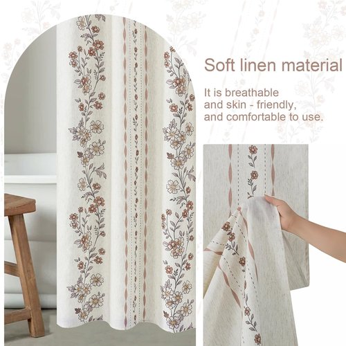 ORTIGIA Boho Floral Shower Curtains for Bathroom Linen Vintage Shower Curtain Set with Metal Hooks Waterproof Block Print Rustic Fabric Bath Curtain for Home, Weighted, 72x72