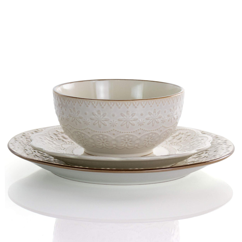 Elama Embossed Scalloped Stoneware Dinnerware Dish Set, 16 Piece, Ivory