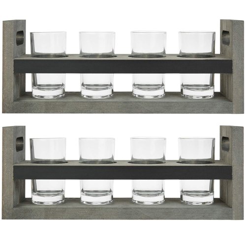 MyGift Vintage Gray Wood Beer Flight Sampler Serving Tray Caddies with Chalkboard Panels & 4 Tasting Glasses, Set of 2
