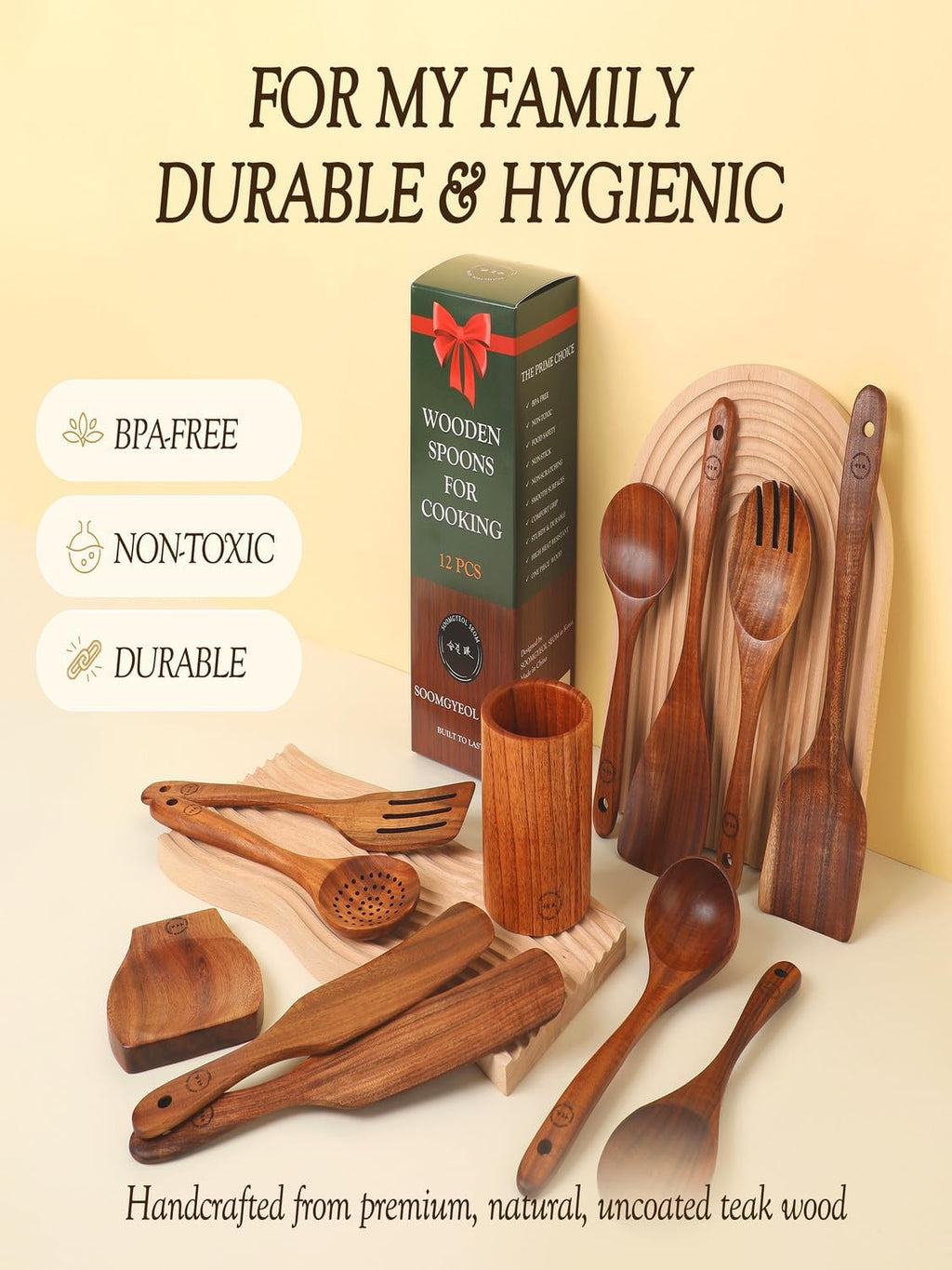 Skiennix 12-Piece Natural Teak Wood Utensil Set - Nonstick Cooking Tools with Holder & Rest