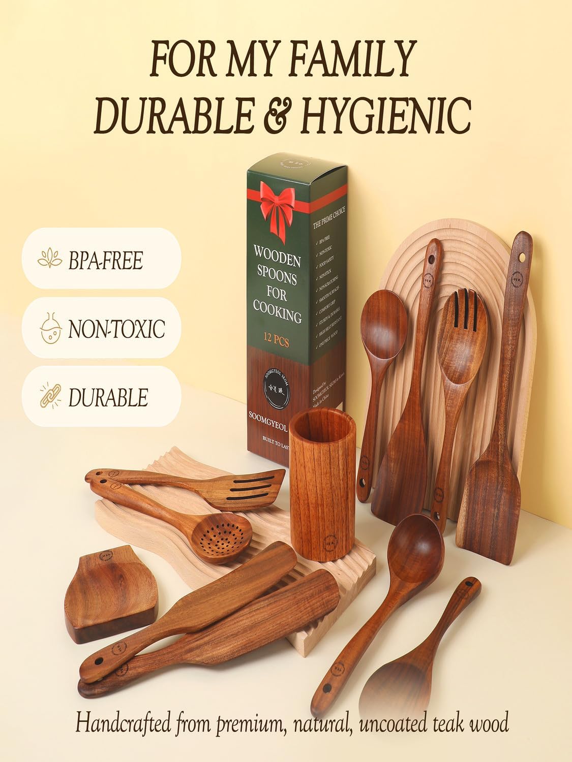 Skiennix 12-Piece Natural Teak Wood Utensil Set - Nonstick Cooking Tools with Holder & Rest