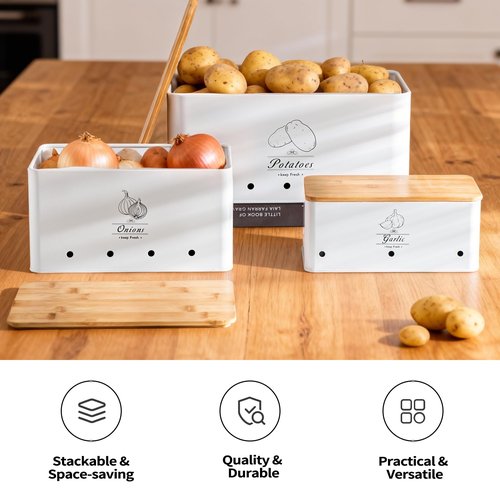 Tenforie Potato Onion and Garlic Storage Bin Set of 3, White Metal Kitchen Vegetable Canisters with Bamboo Lid and Aerating Holes, Stackable Kitchen Storage Tin for Countertop Pantry