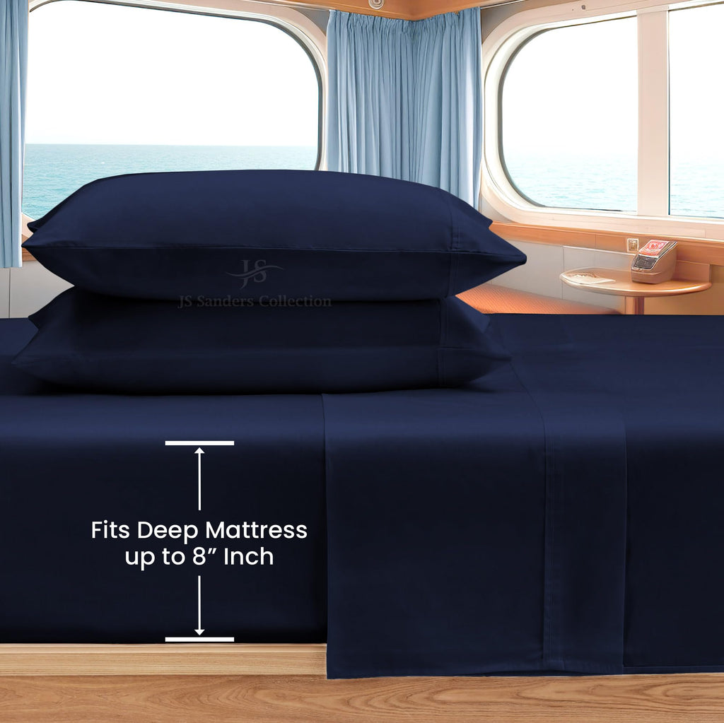 JS Sanders Collection 100% Egyptian Cotton Universal V Berth 4 Piece The Best Boat V Berth Bedding Fits mattresses up to 8” Depth Sheet Set - 600 TC Navy Blue