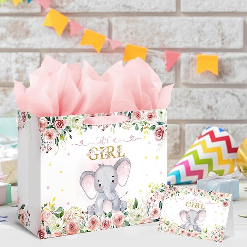 Laidans Large Baby Shower Gift Bag - Pink Floral Elephant Design with Tissue Paper & Card