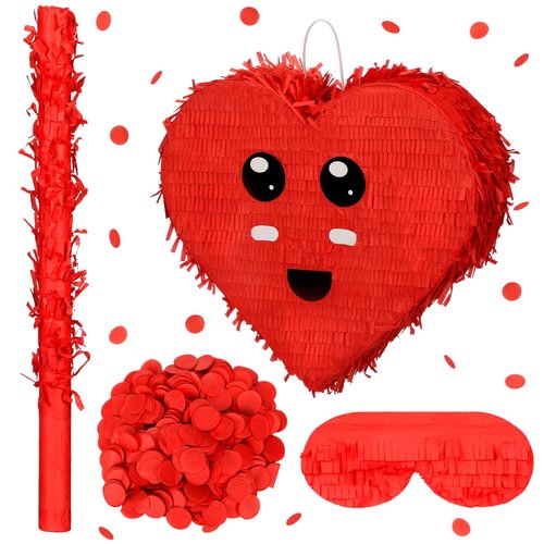 Soulchen 4 Pcs Valentine Party Games Valentine Classroom Party Games Red Heart Piñata with Batting Stick Blindfold Confetti for Birthday Holiday Adult