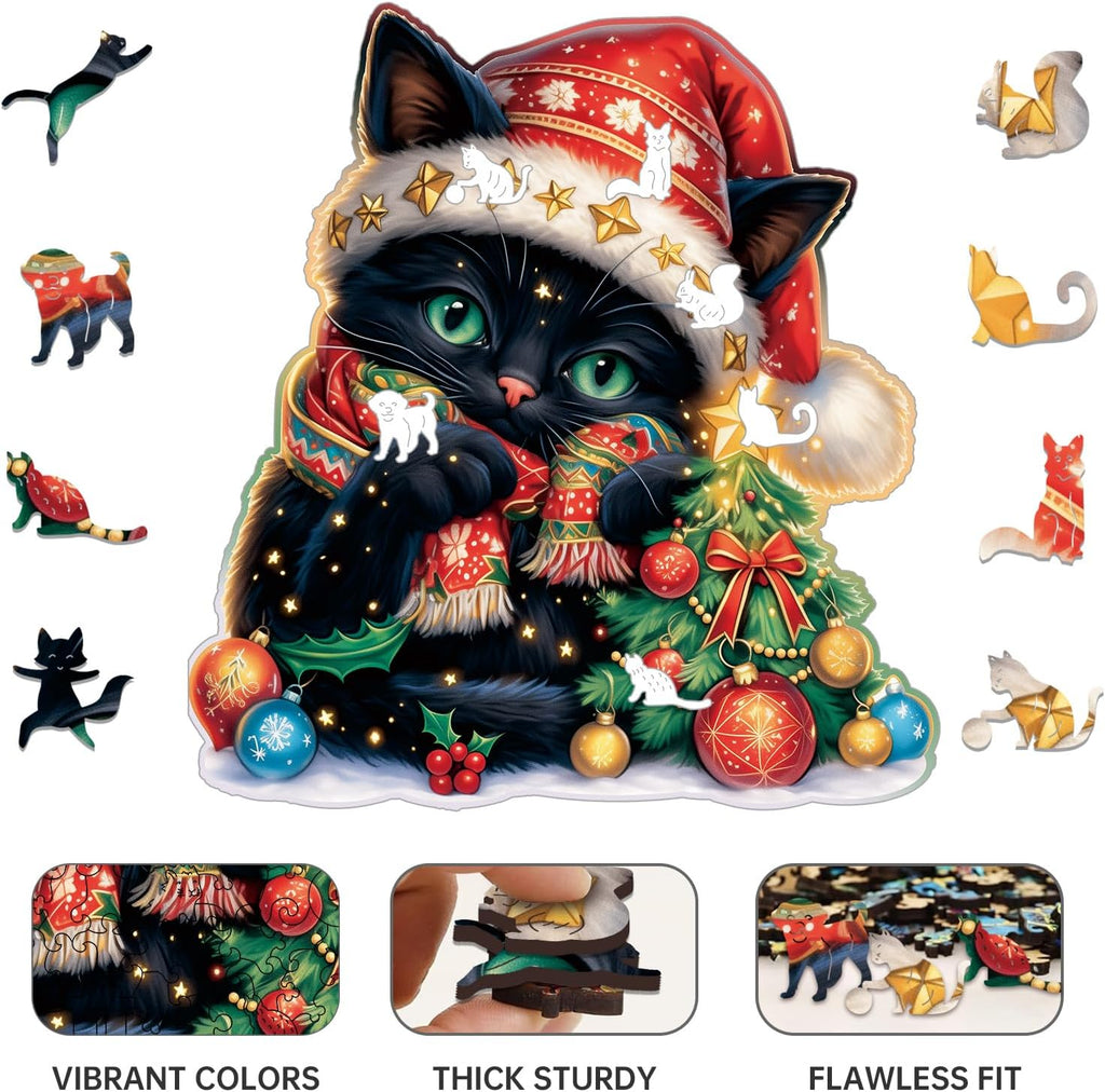 Skiennix Wooden Jigsaw Puzzle - Unique 200-Piece Christmas Cat Design | 11 x 11 Inch Challenge for Adults
