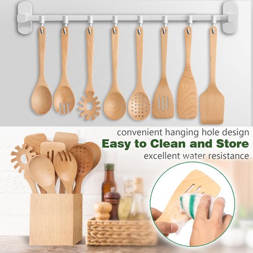 HOWHONG Wooden Spoons for Cooking, Beech Wood Kitchen Utensil Set, Premium Handmade Wooden Cooking Utensils for Nonstick Cookware, Heat Resistant, Smooth Finish, Comfortable Grip, 8 Piece